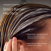 Close-up of hair with text about Smart Barrier HairTech technology.