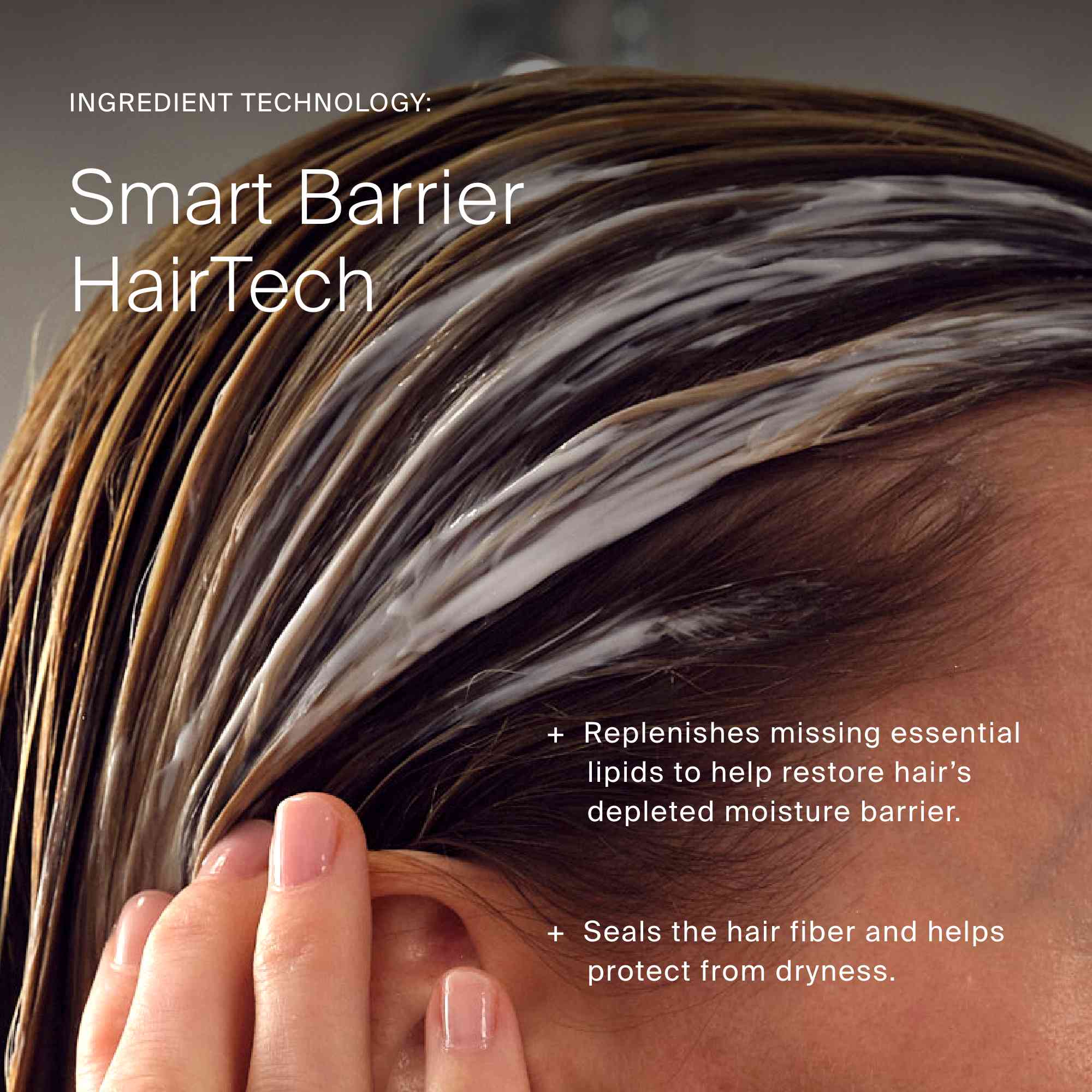 Close-up of hair with text about Smart Barrier HairTech technology.