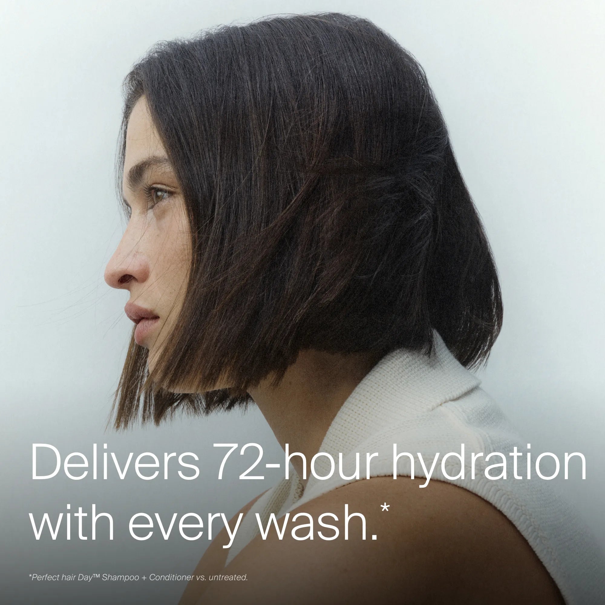 Woman with styled hair against a plain background with text about hair care product benefits.