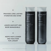 Living Proof Perfect Hair Day shampoo and conditioner bottles on a light gray background with text about product benefits.
