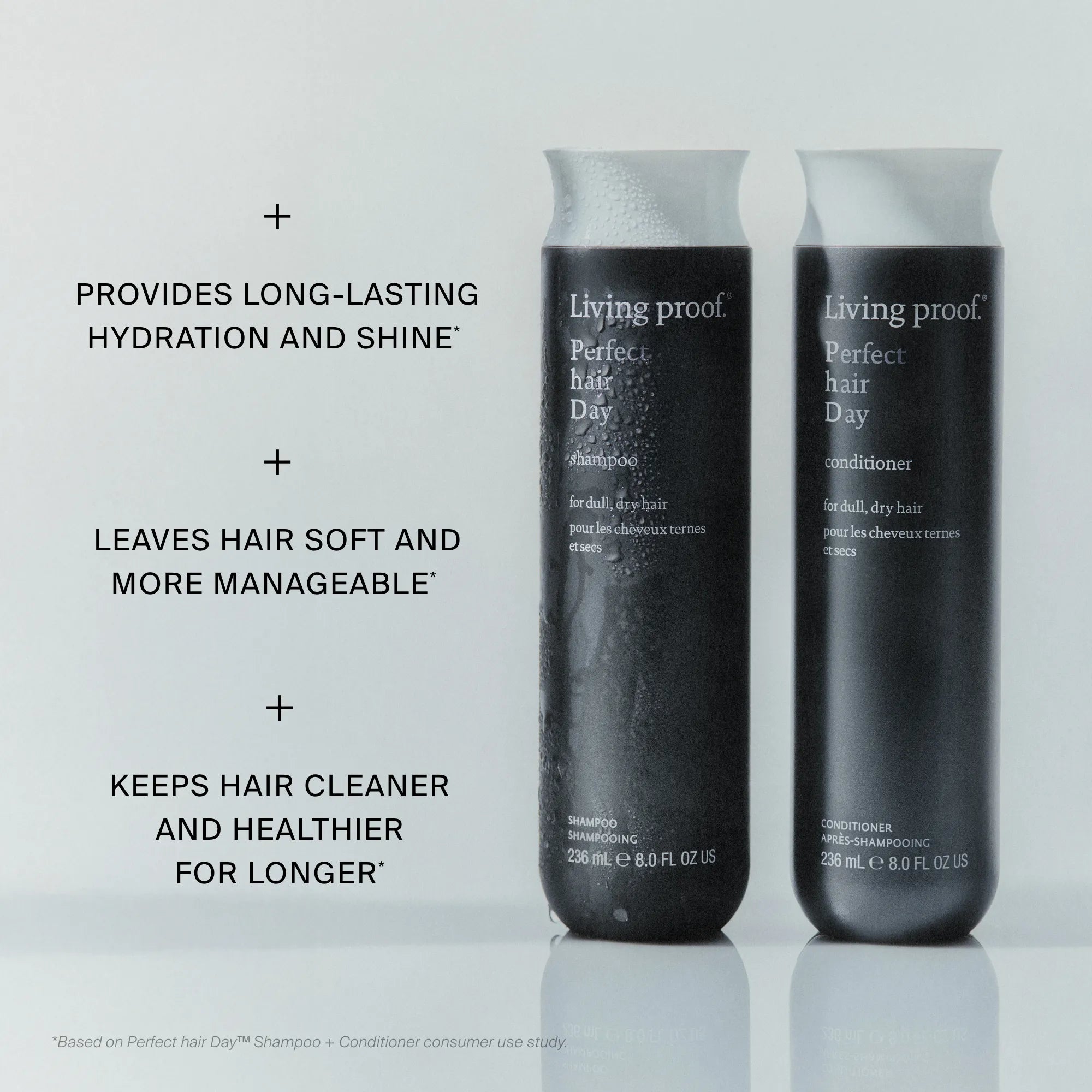 Living Proof Perfect Hair Day shampoo and conditioner bottles on a light gray background with text about product benefits.