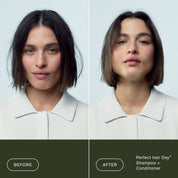 Before and after comparison of a woman's hair with 'Perfect hair Day' shampoo and conditioner.