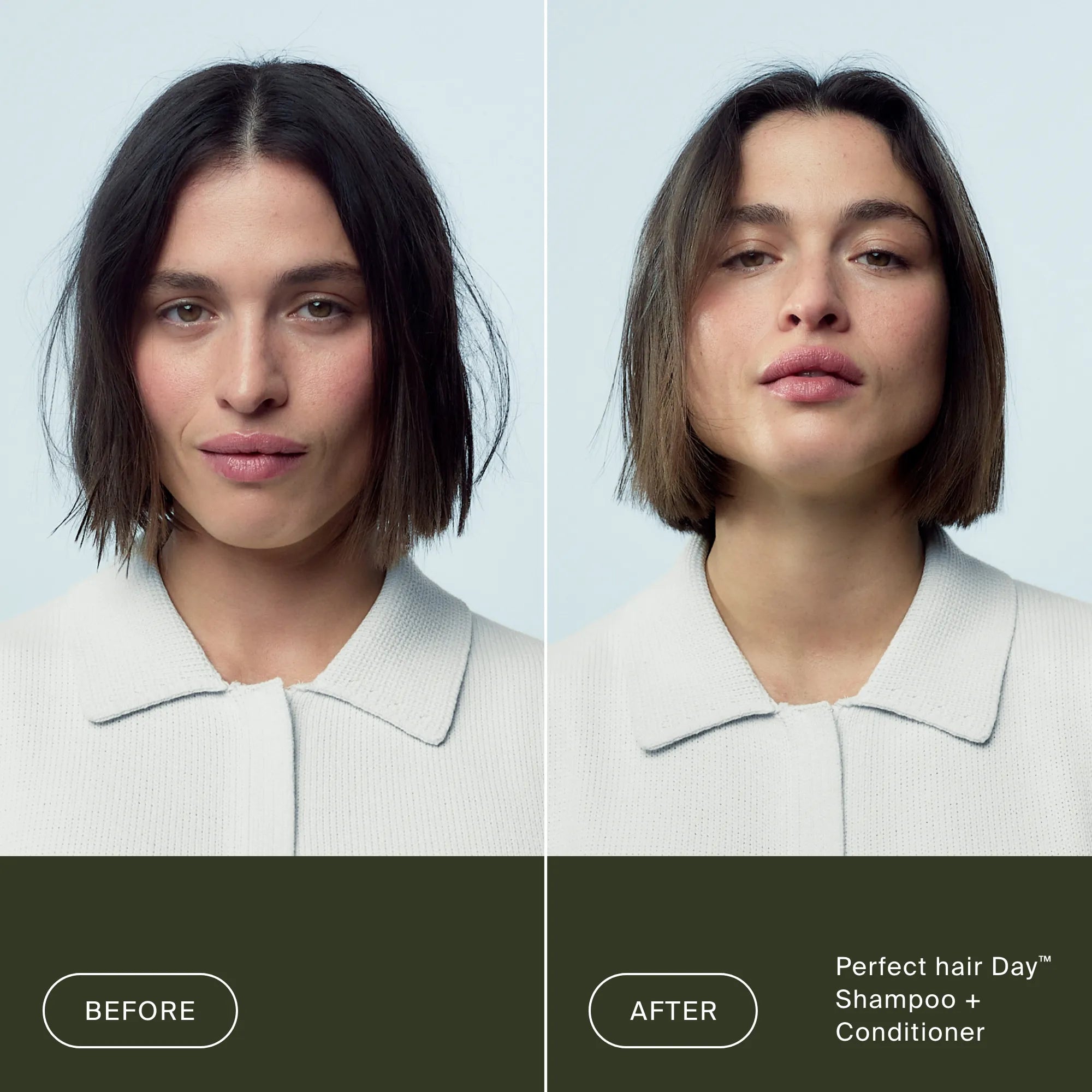 Before and after comparison of a woman's hair with 'Perfect hair Day' shampoo and conditioner.