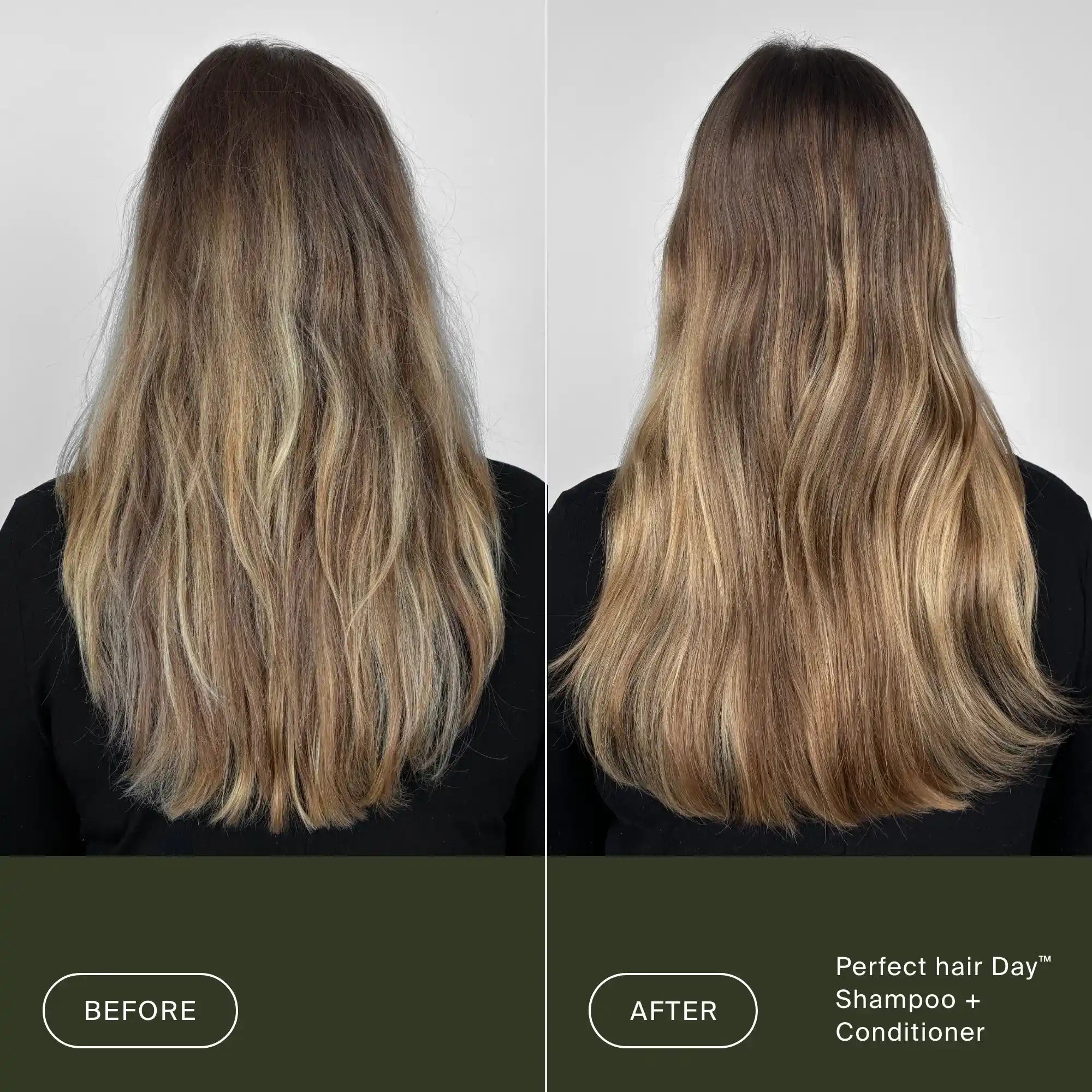 Before and after comparison of hair using 'Perfect Hair Day' shampoo and conditioner.