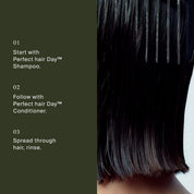 Hair care product instructions with a close-up of black hair.