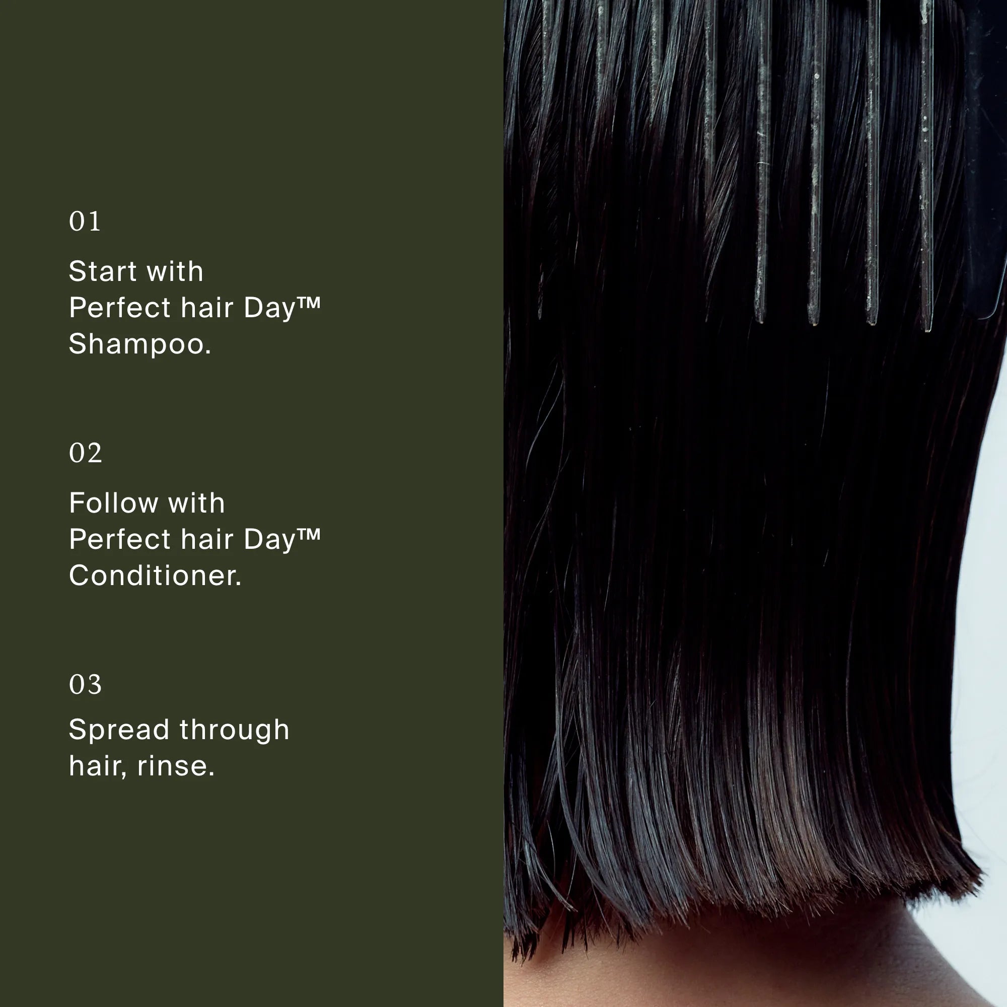 Hair care product instructions with a close-up of black hair.