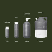 Comparison chart of Living Proof product sizes including Travel, Full, Jumbo, and Refill on a green background.