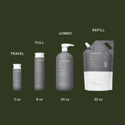 Comparison chart of Living Proof product sizes including Travel, Full, Jumbo, and Refill on a dark green background.