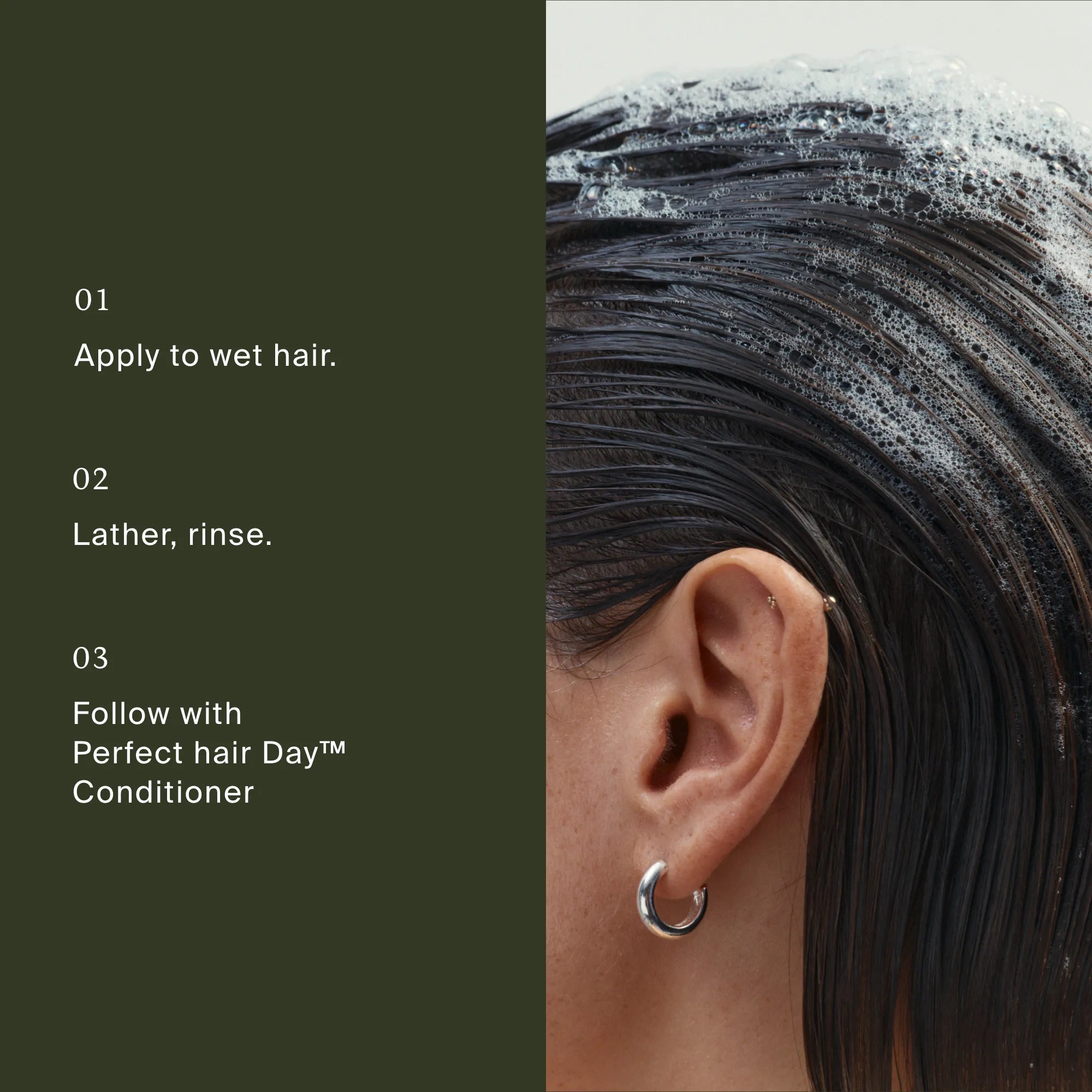Close-up of a person with wet, soaped hair and text instructions on a green background.