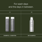 Hair care product display with shampoo and conditioner on one side and dry shampoo on the other, against a green background.