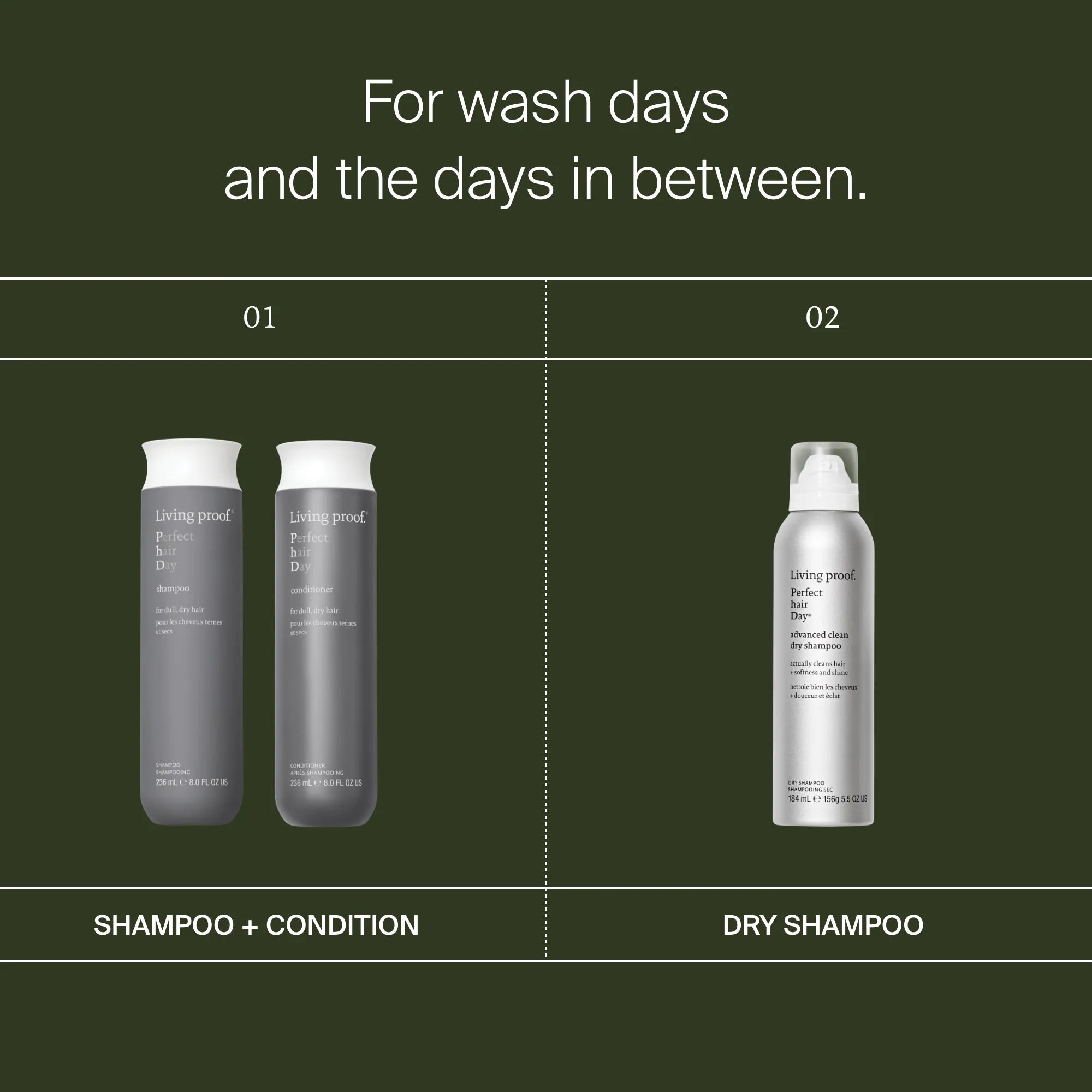 Hair care product display with shampoo and conditioner on one side and dry shampoo on the other, against a green background.