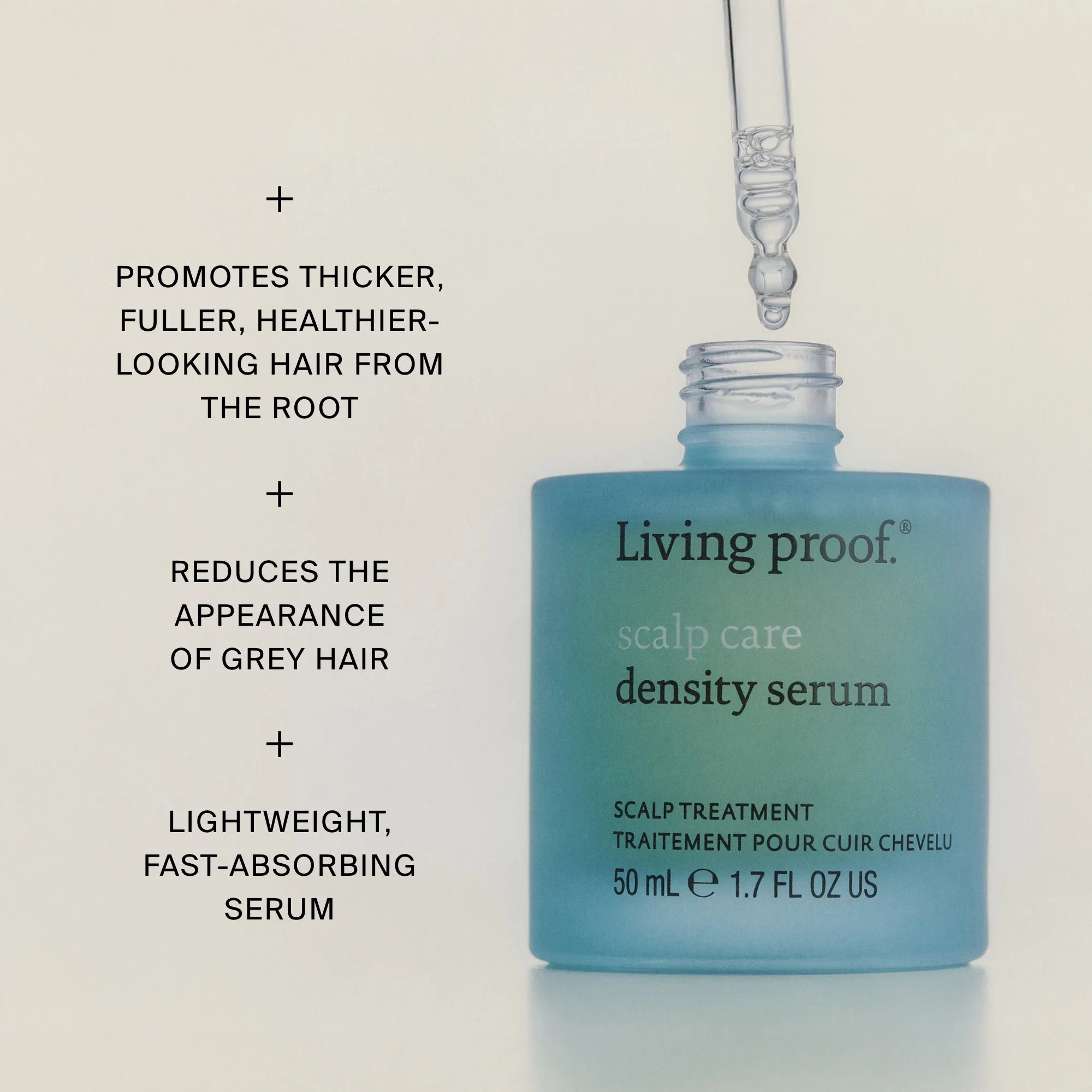 Living Proof scalp care density serum bottle with dropper on a light beige background