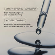 Dropper with liquid and text about density boosting technology and anti-grey complex on a reflective surface.