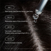 Scalp care density serum being applied to hair with text showing results over time.