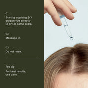 Hand applying a dropper of liquid to a person's scalp with text instructions on a dark green background.