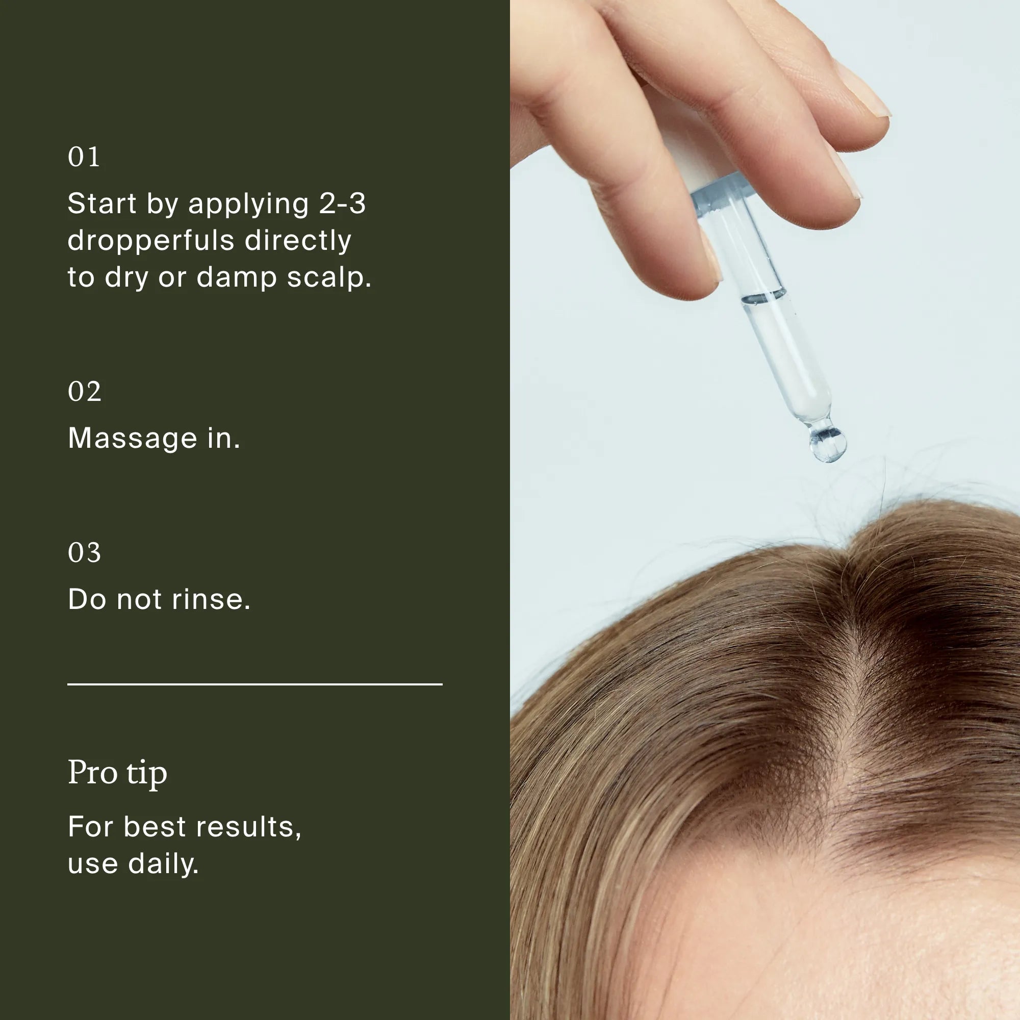Hand applying a dropper of liquid to a person's scalp with text instructions on a dark green background.