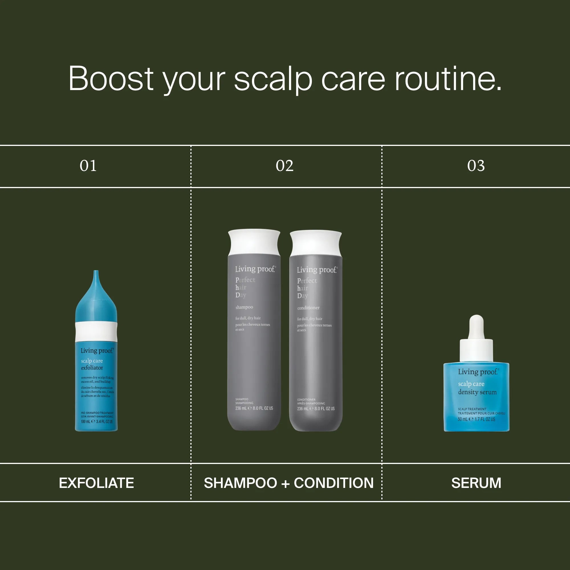 Hair care product lineup with exfoliate, shampoo + condition, and serum on a green background.