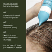 A hand applies Scalp Care Exfoliator from a blue bottle with a nozzle onto wet hair. Next to the image, scalp exfoliation instructions are shown on a green background.