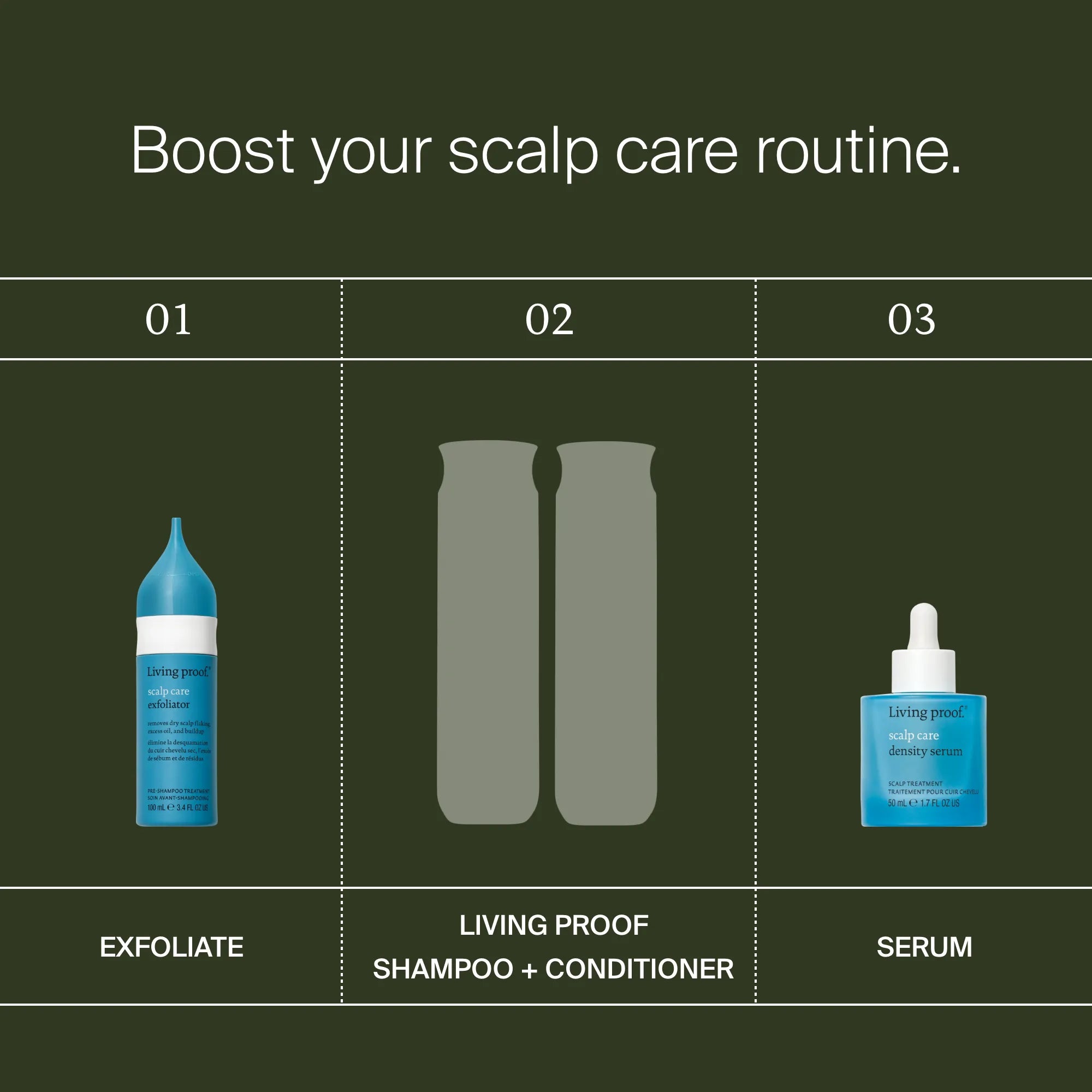 Infographic titled "Boost your scalp care routine": 1) Exfoliate with Scalp Care Exfoliator, 2) Cleanse and condition with Living Proof shampoo and conditioner, 3) Apply serum as a pre-shampoo treatment to help reduce dry scalp flaking.