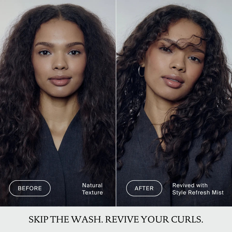 Before and after comparison of a woman's hair with text indicating product use.