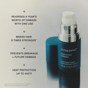 A blue bottle of Triple Bond Complex leave-in treatment is shown with claims: reverses a year’s worth of damage, strengthens hair 8x, prevents breakage, and protects from heat up to 450°F.