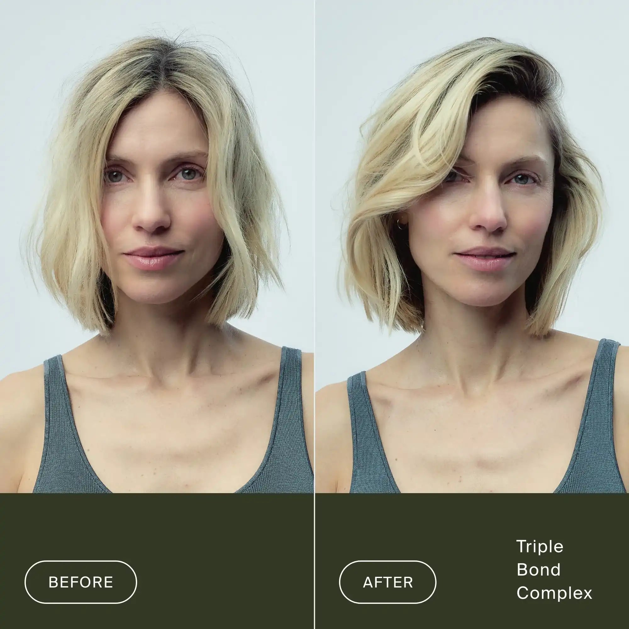 Side-by-side photos show a woman with short blonde hair in a gray tank top. The left is labeled "Before," and the right, "After Triple Bond Complex," displays smoother, shinier, and fuller-looking hair.