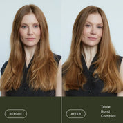 Side-by-side images of a woman with long, straight, light brown hair. Before: hair is less smooth. After Triple Bond Complex leave-in treatment: hair appears smoother, shinier, and stronger.