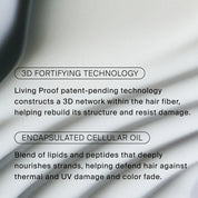 Text about hair care technologies on a soft, wavy, light gray background. Describes Triple Bond Complex for stronger hair structure and Encapsulated Cellular Oil as a nourishing leave-in to protect against damage and color fade.