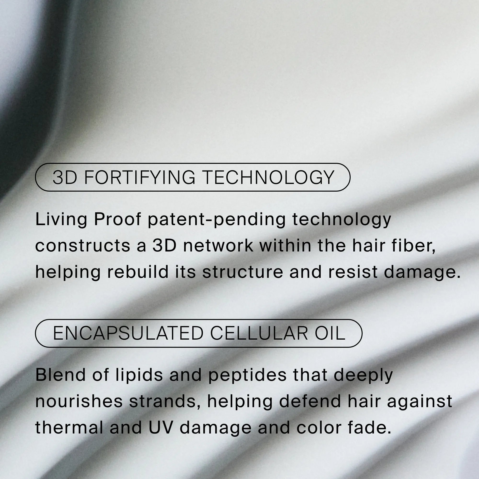 Text about hair care technologies on a soft, wavy, light gray background. Describes Triple Bond Complex for stronger hair structure and Encapsulated Cellular Oil as a nourishing leave-in to protect against damage and color fade.