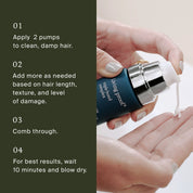 A hand dispenses Triple Bond Complex hair mask from a pump bottle onto another hand. Next to the image, steps 1-4 explain how to apply and style this leave-in treatment for stronger, healthier hair.