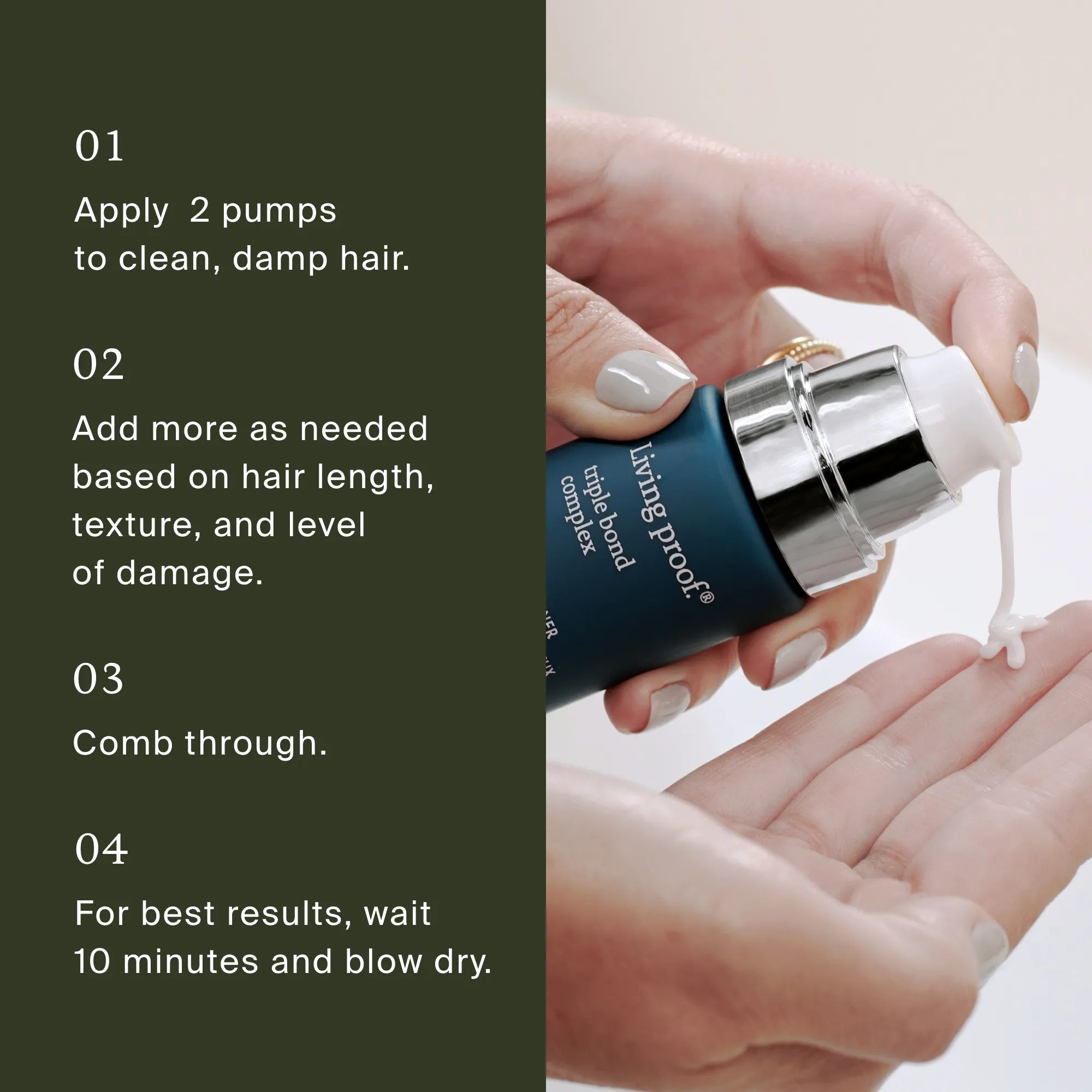 A hand dispenses Triple Bond Complex hair mask from a pump bottle onto another hand. Next to the image, steps 1-4 explain how to apply and style this leave-in treatment for stronger, healthier hair.