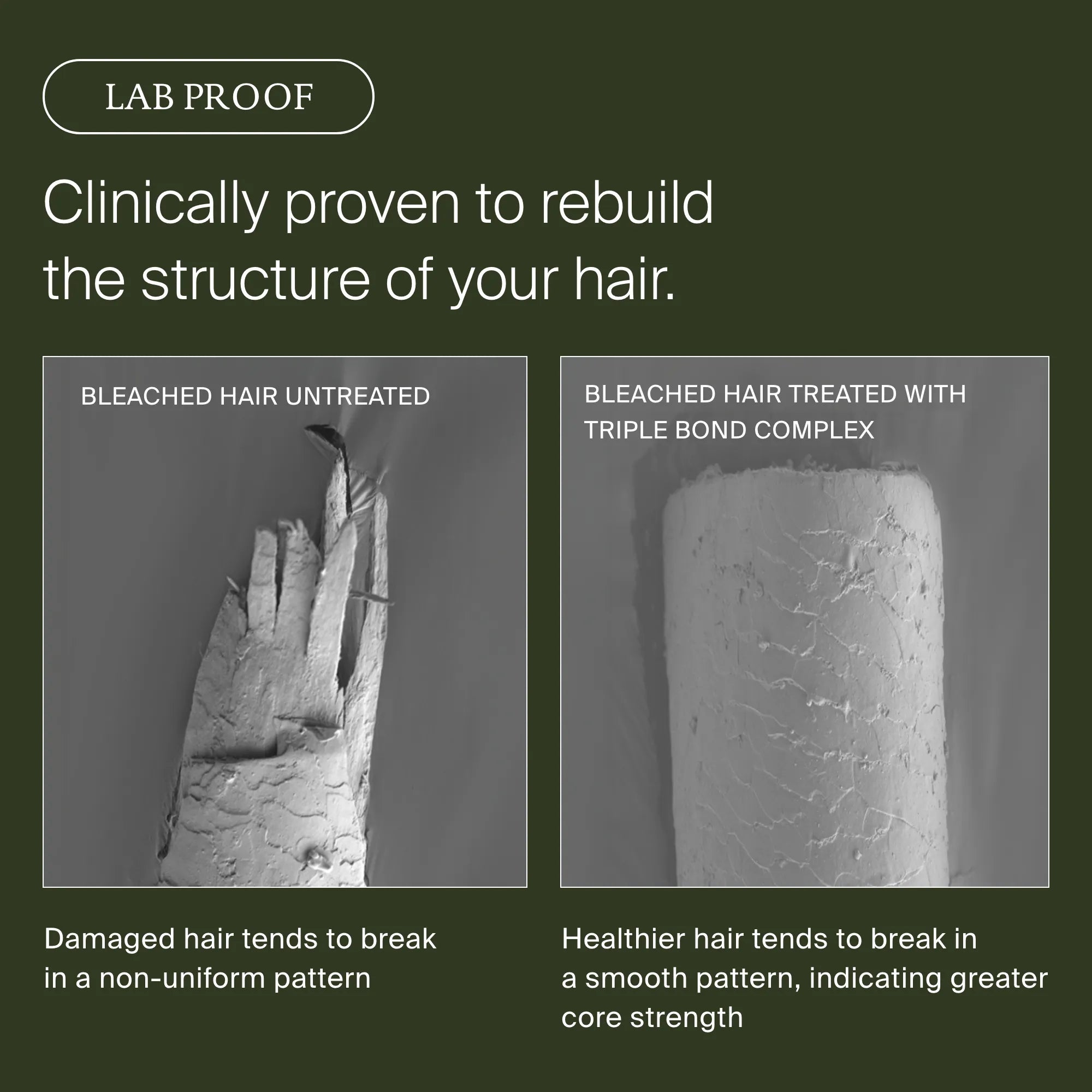 Side-by-side microscope images of bleached hair show untreated strands looking jagged and broken, while hair treated with Triple Bond Complex appears smoother with more uniform edges, indicating stronger, healthier hair.