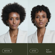 Split image shows a woman in a white blazer. Left side shows her natural afro hair labeled "Before." Right side displays frizz-free curls labeled "After Curl Definition + Moisture Set." Her facial expression stays neutral in both images.