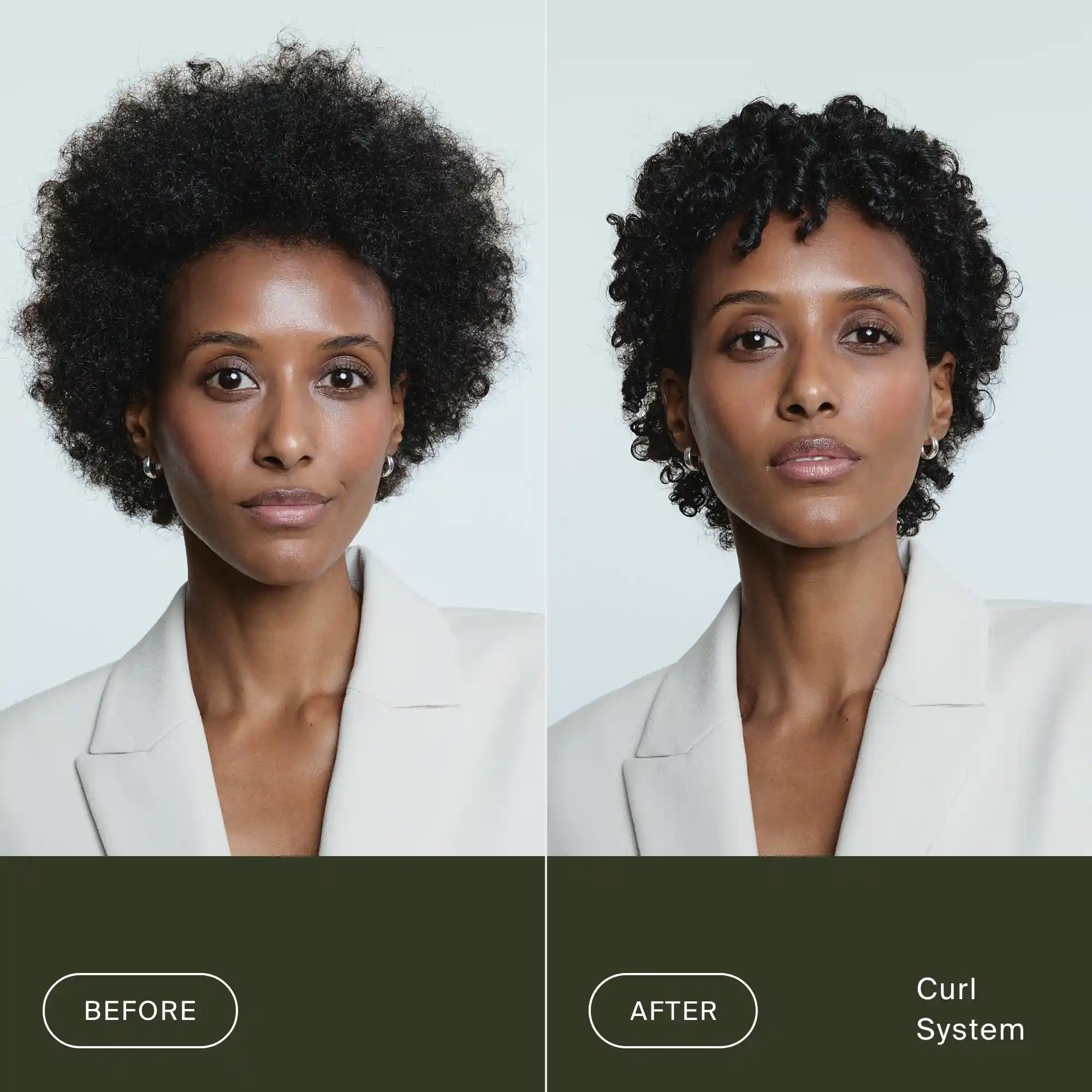 Split image shows a woman in a white blazer. Left side shows her natural afro hair labeled "Before." Right side displays frizz-free curls labeled "After Curl Definition + Moisture Set." Her facial expression stays neutral in both images.