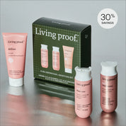 The Curl Definition + Moisture Set includes a curl-defining gel, shampoo, and conditioner in pink packaging before a green box. Get frizz-free curls and save 30%, as shown at the top right corner.