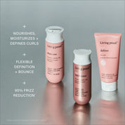 Three pink bottles of the Curl Definition + Moisture Set are arranged on a gray surface. Text highlights curl care benefits: nourishes curls, adds bounce, and delivers frizz-free curls with 95% less frizz.