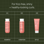 The Curl Definition + Moisture Set is displayed on a green grid background with the text: For frizz-free, shiny + healthy-looking curls.