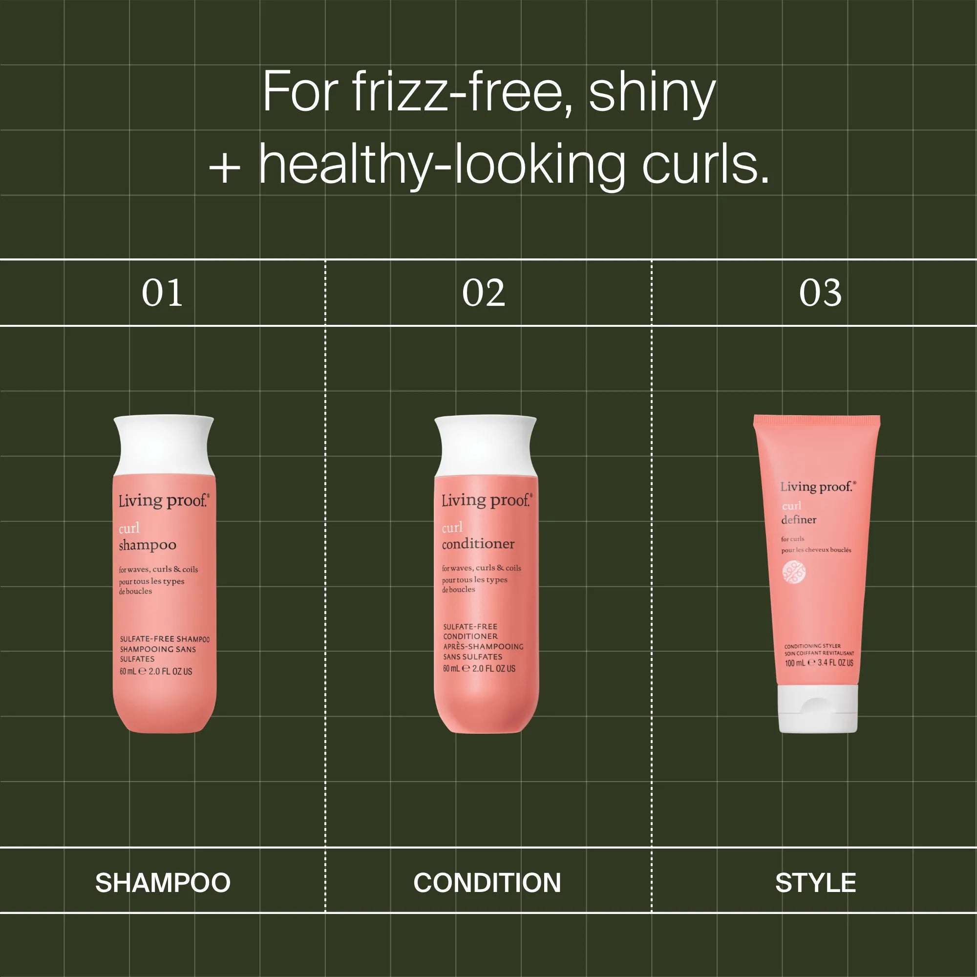 The Curl Definition + Moisture Set is displayed on a green grid background with the text: For frizz-free, shiny + healthy-looking curls.