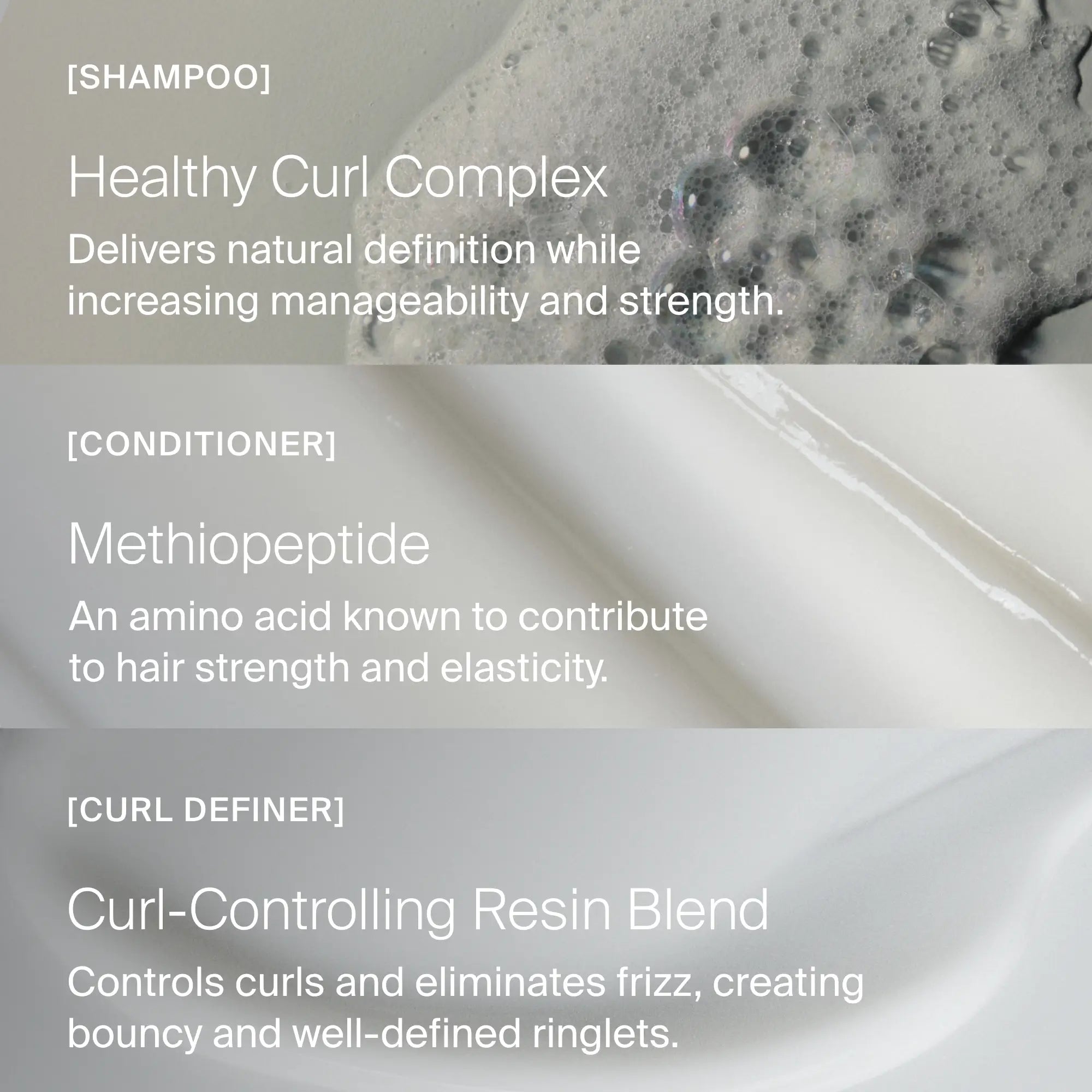 Text overlays close-ups of Curl Definition + Moisture Set’s shampoo, conditioner, and gel, highlighting nourishing ingredients that boost moisture and define curls for strong, elastic, frizz-free hair.