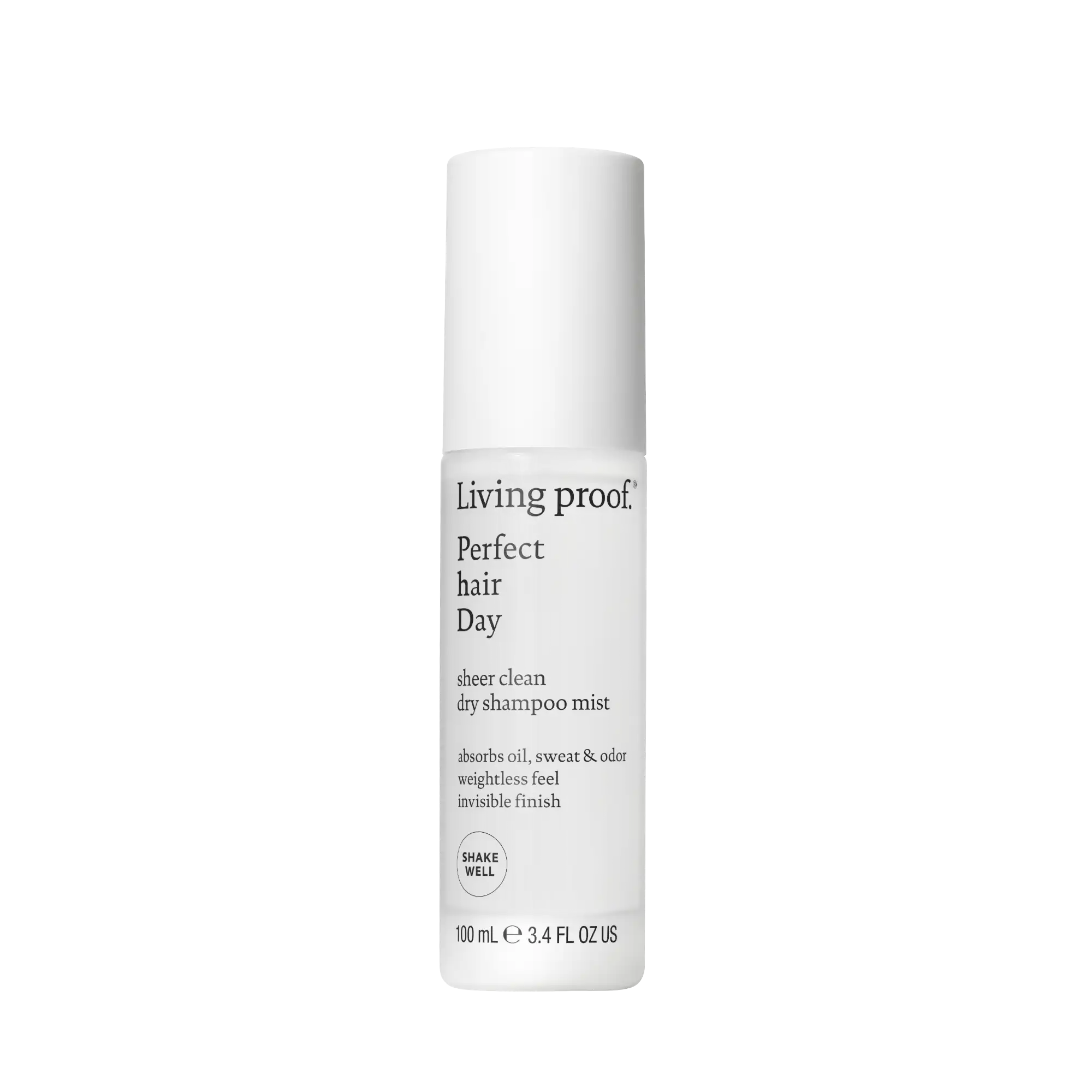 A white bottle of Perfect hair Day™ Sheer Clean Dry Shampoo Mist, 100 mL size, standing upright on a plain white background.