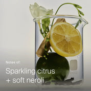 A beaker contains a sliced lemon, lime, white flower, and cinnamon sticks—an invigorating blend reminiscent of Perfect hair Day™ Sheer Clean Dry Shampoo Mist with oil-absorbing, micellar-powered freshness. Text reads: Notes of sparkling citrus + soft neroli.