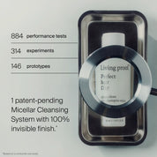 A bottle of Perfect hair Day™ Sheer Clean Dry Shampoo Mist is displayed on a metal tray, magnified through a lens. Text highlights statistics about tests, experiments, and prototypes, and features the patent-pending micellar cleansing system in this non-aerosol formula.