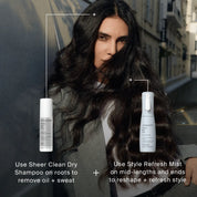A woman with long, wavy dark hair poses outdoors. Two Living Proof hair products are shown with text: Use Perfect hair Day™ Sheer Clean Dry Shampoo Mist on roots to remove oil and Style Refresh Mist—featuring a non-aerosol, micellar formula—on mid-lengths and ends.