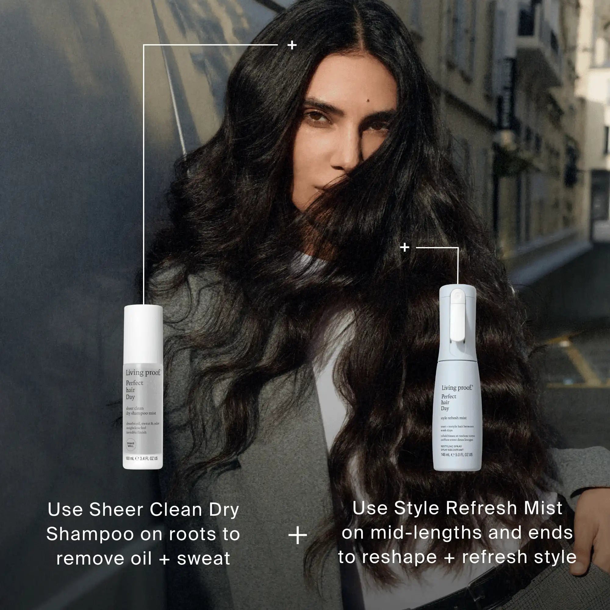 A woman with long, wavy dark hair poses outdoors. Two Living Proof hair products are shown with text: Use Perfect hair Day™ Sheer Clean Dry Shampoo Mist on roots to remove oil and Style Refresh Mist—featuring a non-aerosol, micellar formula—on mid-lengths and ends.