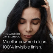 A woman with long dark hair and closed eyes touches her hair. Text reads: Perfect hair Day™ Sheer Clean Dry Shampoo Mist. Micellar-powered clean. 100% invisible finish.