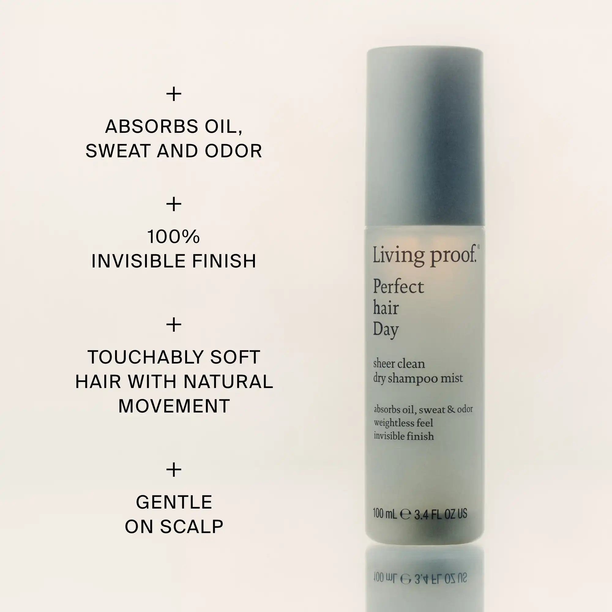 A bottle of Perfect hair Day™ Sheer Clean Dry Shampoo Mist stands upright beside text listing features: oil-absorbing, micellar-powered formula; absorbs oil, sweat, and odor; 100% invisible; soft, natural hair; weightless; gentle on scalp.