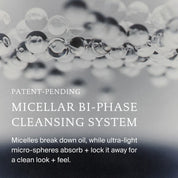 A grayscale image of floating spheres with text: Patent-Pending Micellar Bi-Phase Cleansing System. Perfect hair Day™ Sheer Clean Dry Shampoo Mist features a micellar-powered formula that breaks down oil, while micro-spheres absorb and lock it away—delivering a clean look and feel, perfect for use as a dry shampoo mist.
