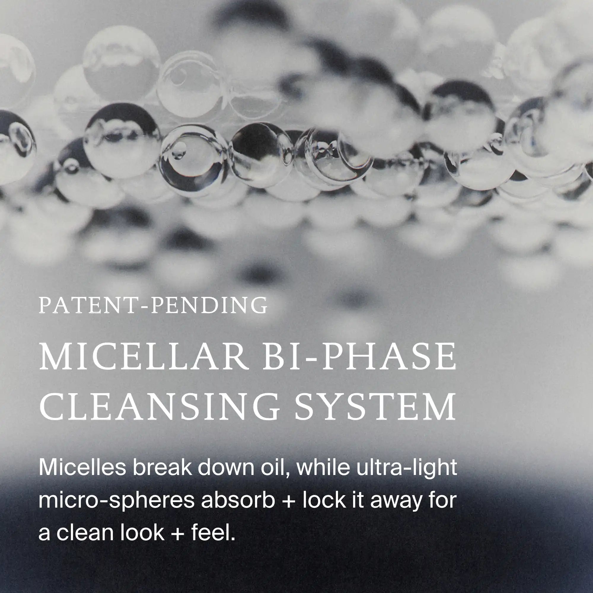 A grayscale image of floating spheres with text: Patent-Pending Micellar Bi-Phase Cleansing System. Perfect hair Day™ Sheer Clean Dry Shampoo Mist features a micellar-powered formula that breaks down oil, while micro-spheres absorb and lock it away—delivering a clean look and feel, perfect for use as a dry shampoo mist.