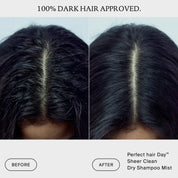 A before-and-after split image highlights dark hair with an oily scalp on the left, and revitalized, clean hair on the right after using Perfect hair Day™ Sheer Clean Dry Shampoo Mist—a micellar-powered formula that lifts away oil for a truly refreshed look.
