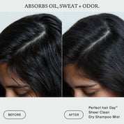 Side-by-side images display hair before and after using Perfect hair Day™ Sheer Clean Dry Shampoo Mist. On the left, hair appears oily. On the right, it looks clean and refreshed. Text reads: “Oil absorbing formula absorbs oil, sweat + odor. Before. After.”.